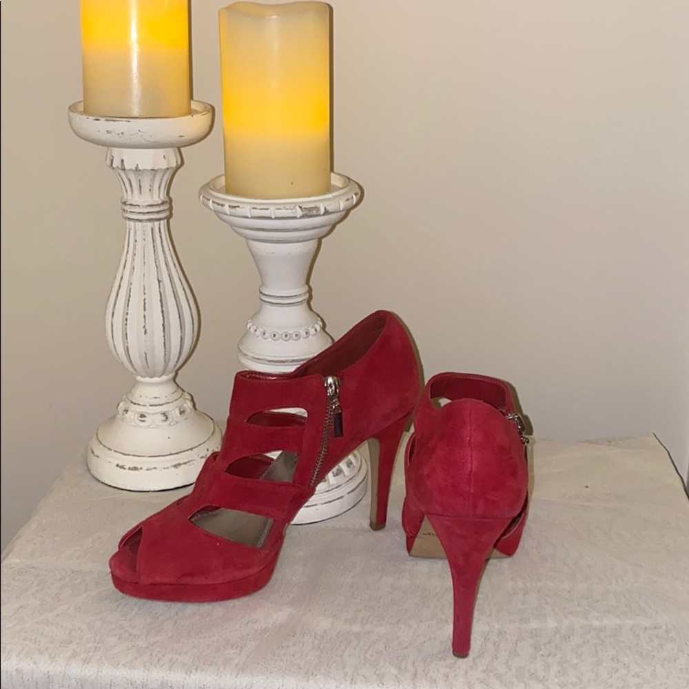 WHBM red suede caged platform ankle boots